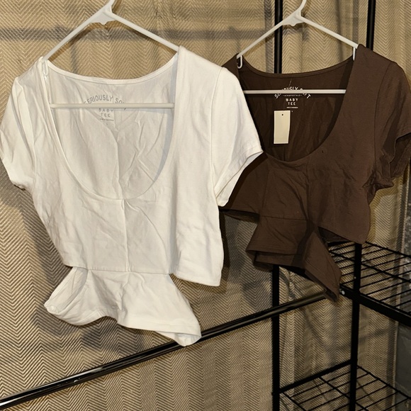 2 Aeropostale crop tops size Large brown and white slit sides soft - Picture 1 of 10